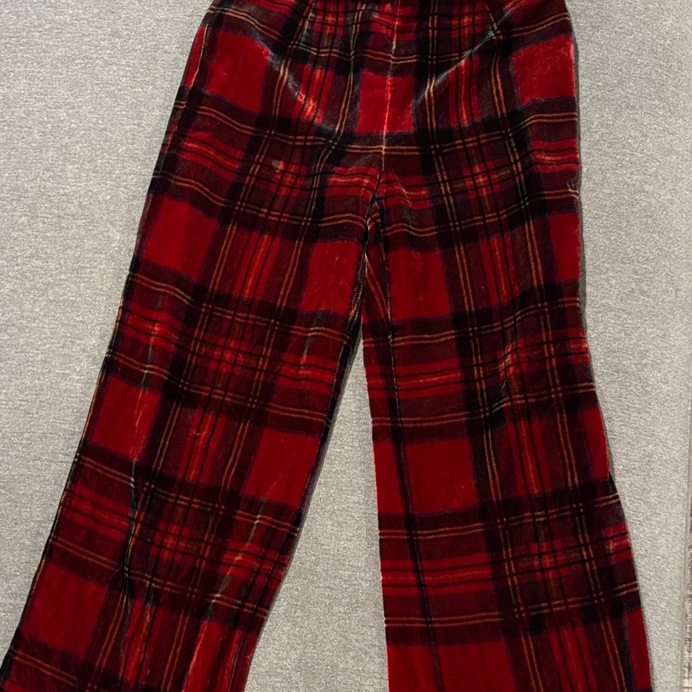 Red Plaid Velvet Wide-Leg Pants